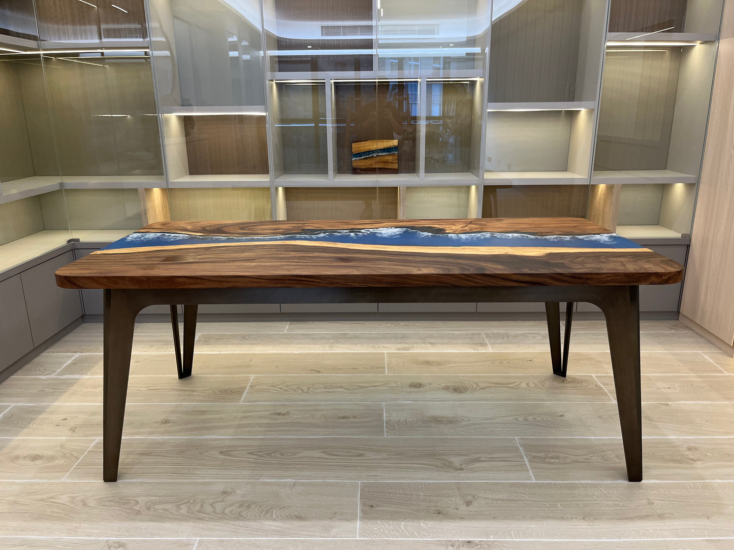 Walnut Wood Epoxy Resin Table with Ocean Waves Design