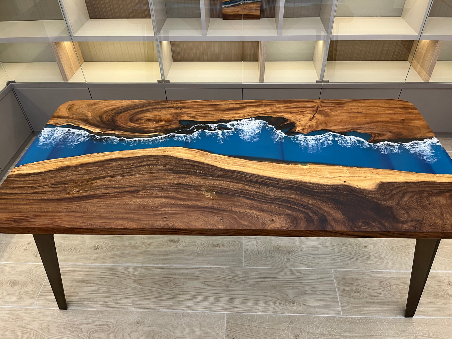 Walnut Wood Epoxy Resin Table with Ocean Waves Design