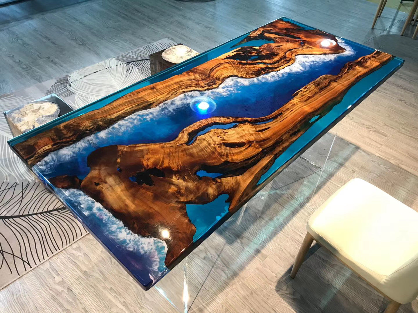 Camphor Wood Epoxy Resin Table with Ocean Waves Design – Epoxy