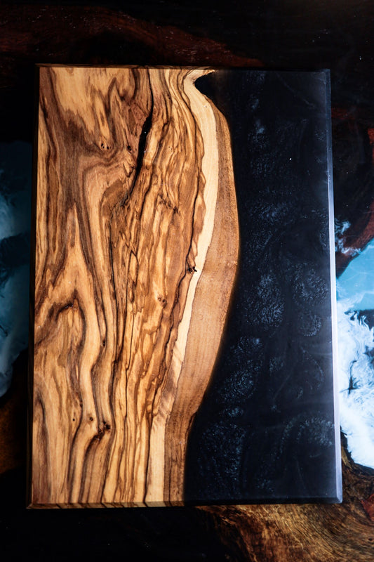 Handmade Olive Wood Live Edge Cutting Board with Glittery Black Epoxy