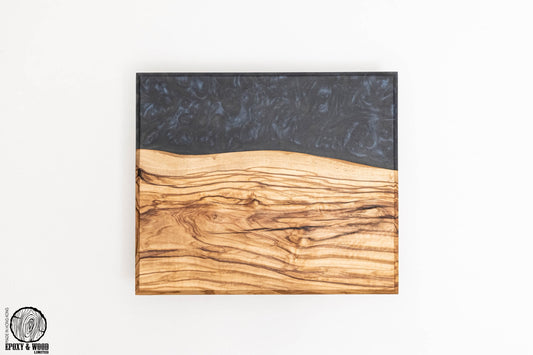 Handmade Olive Wood Live Edge Cutting Board with Glittery Blue Epoxy