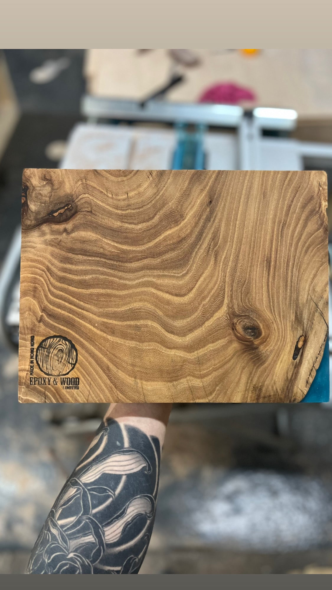 Handmade Elm Wood Live Edge Serving Board with Glittering Epoxy Resin