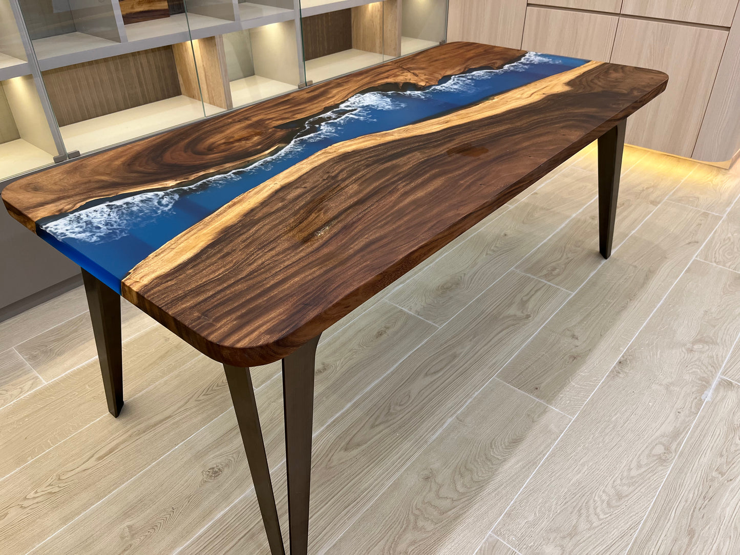 Walnut Wood Epoxy Resin Table with Ocean Waves Design