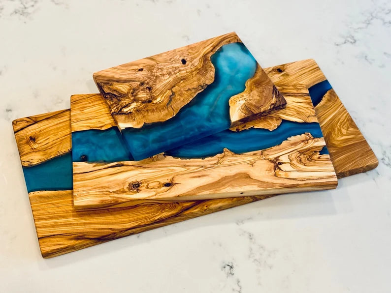 Handmade Olive Wood Live Edge Cutting Board with Blue Epoxy Resin