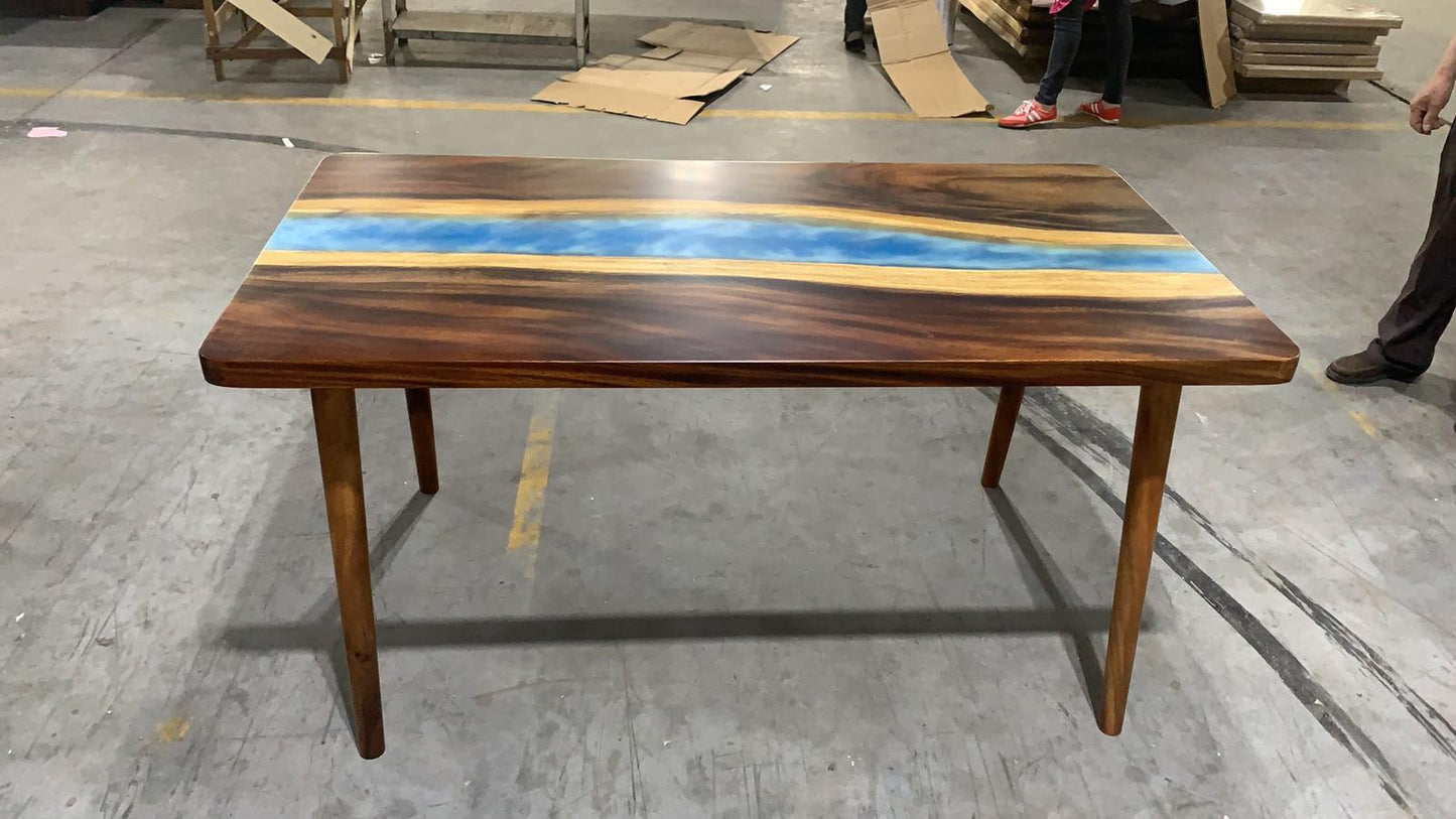 Walnut Wood Epoxy Resin Table with Ocean Waves Design