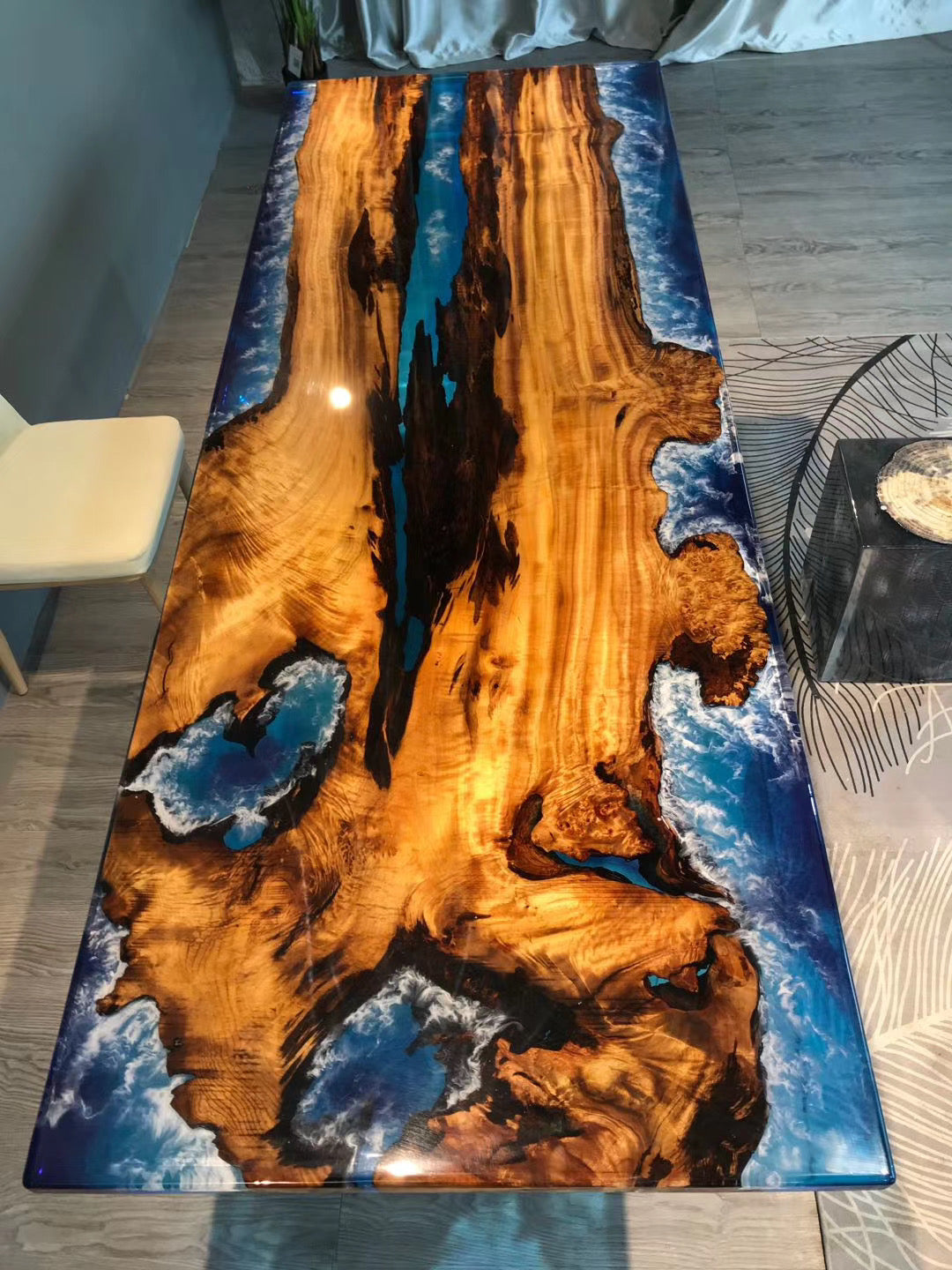 Camphor Wood Epoxy Resin Table with Ocean Waves Design