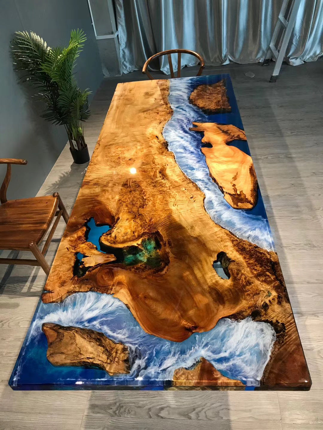 Camphor Wood Epoxy Resin Table with Ocean Waves Design