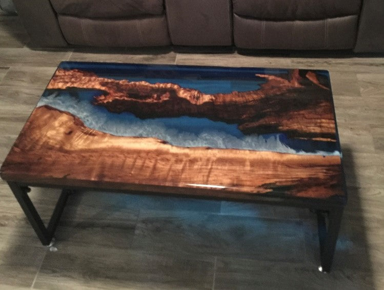 Camphor Wood Epoxy Resin Table with Ocean Waves Design (100cm x 50cm)