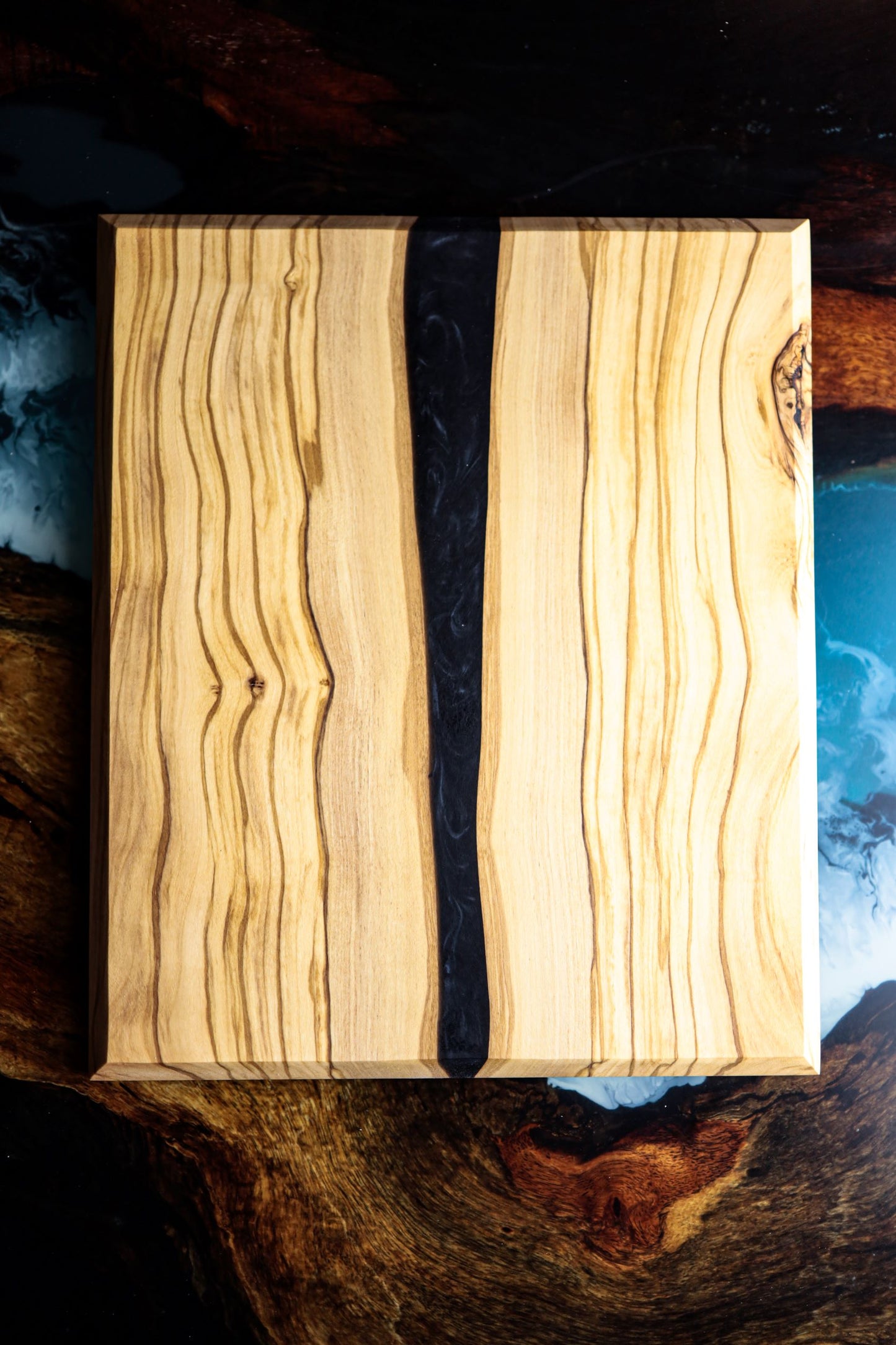 Handmade Olive Wood Live Edge Cutting Board with Black Epoxy River