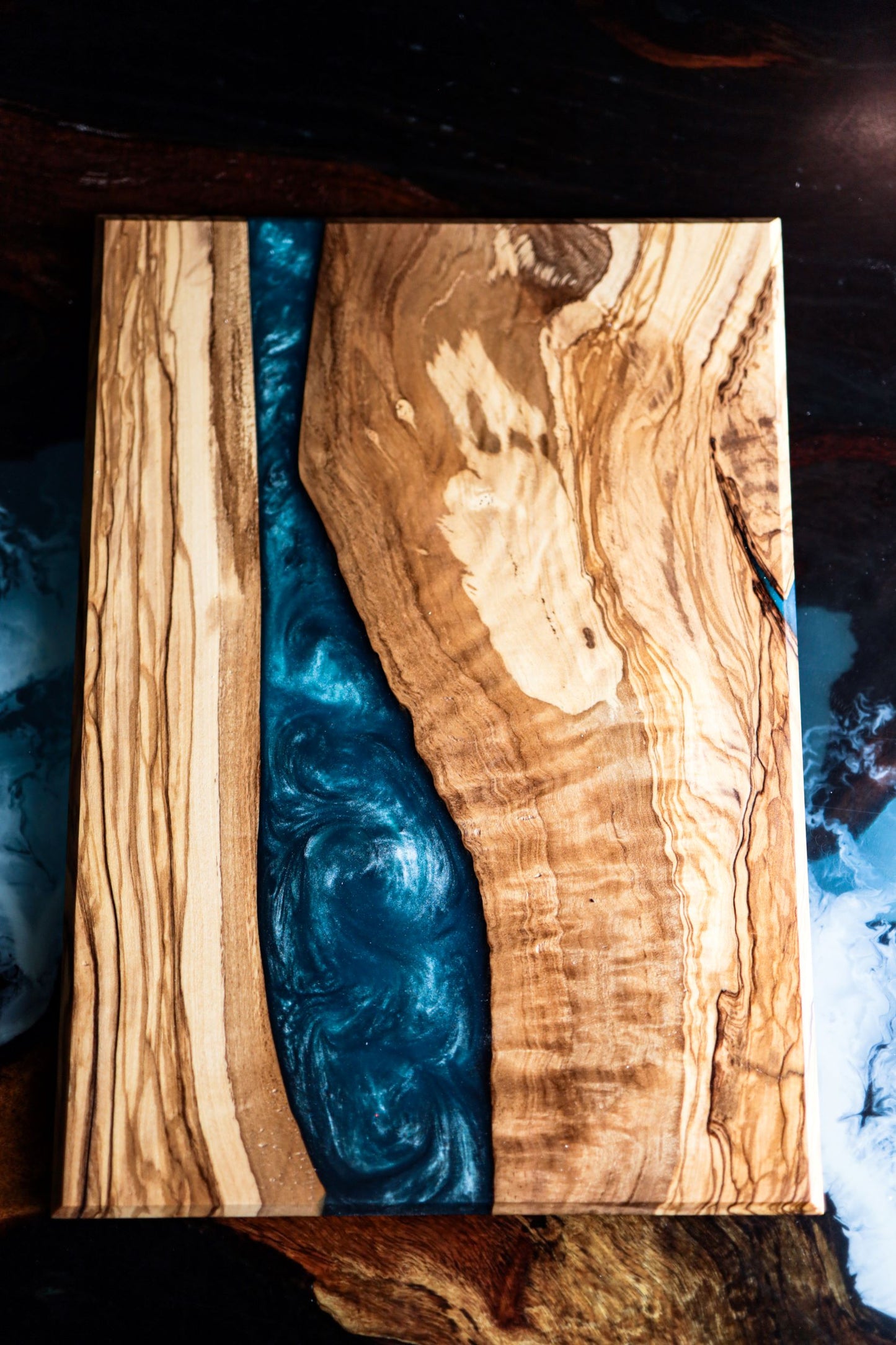 Handmade Olive Wood Live Edge Cutting Board with Glittery Blue River