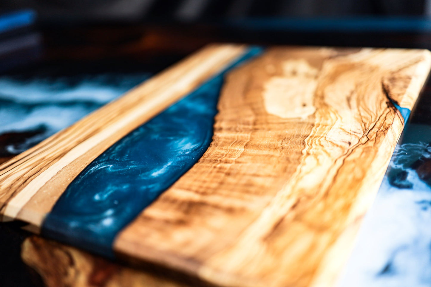 Handmade Olive Wood Live Edge Cutting Board with Glittery Blue River