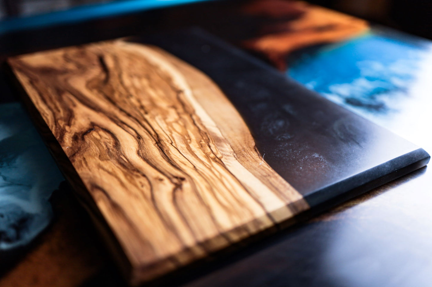 Handmade Olive Wood Live Edge Cutting Board with Glittery Black Epoxy