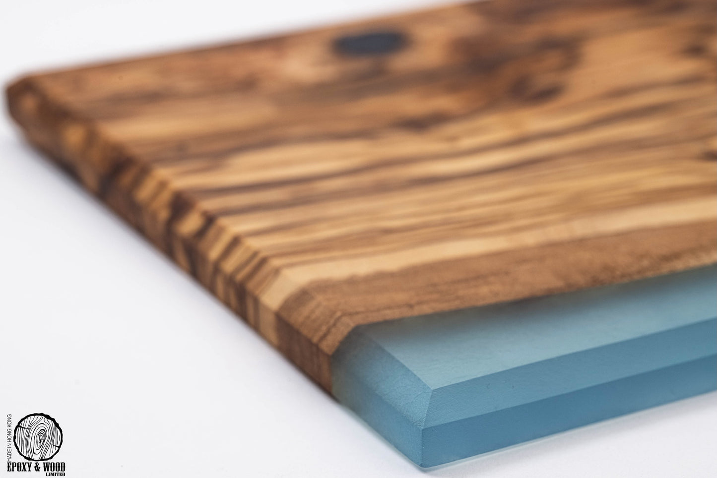 Handmade Olive Wood Live Edge Cutting Board with Clear Blue Epoxy
