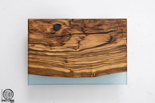 Handmade Olive Wood Live Edge Cutting Board with Clear Blue Epoxy