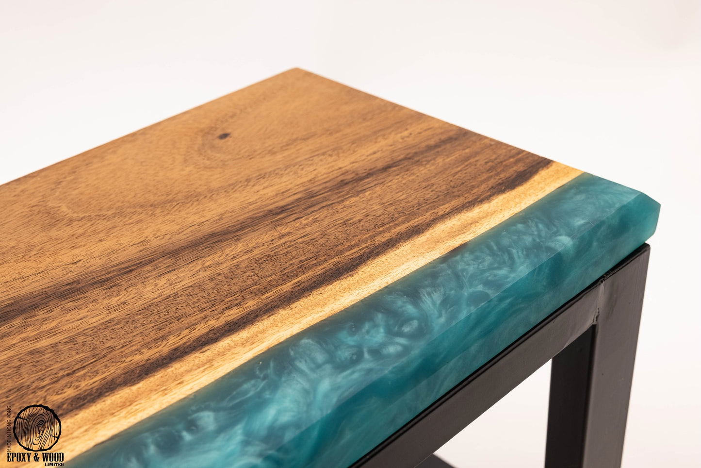 Handmade Walnut Wood Bench with Glittery Blue Epoxy