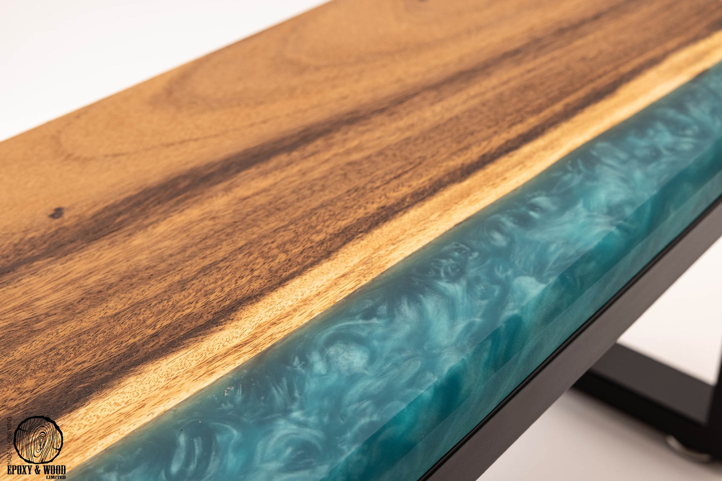 Handmade Walnut Wood Bench with Glittery Blue Epoxy