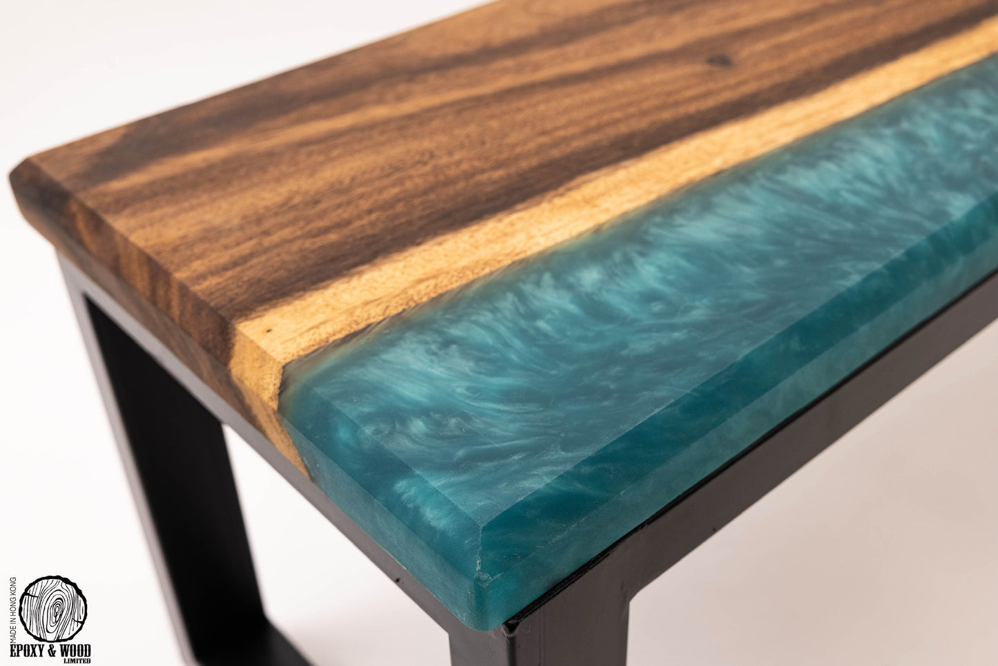 Handmade Walnut Wood Bench with Glittery Blue Epoxy