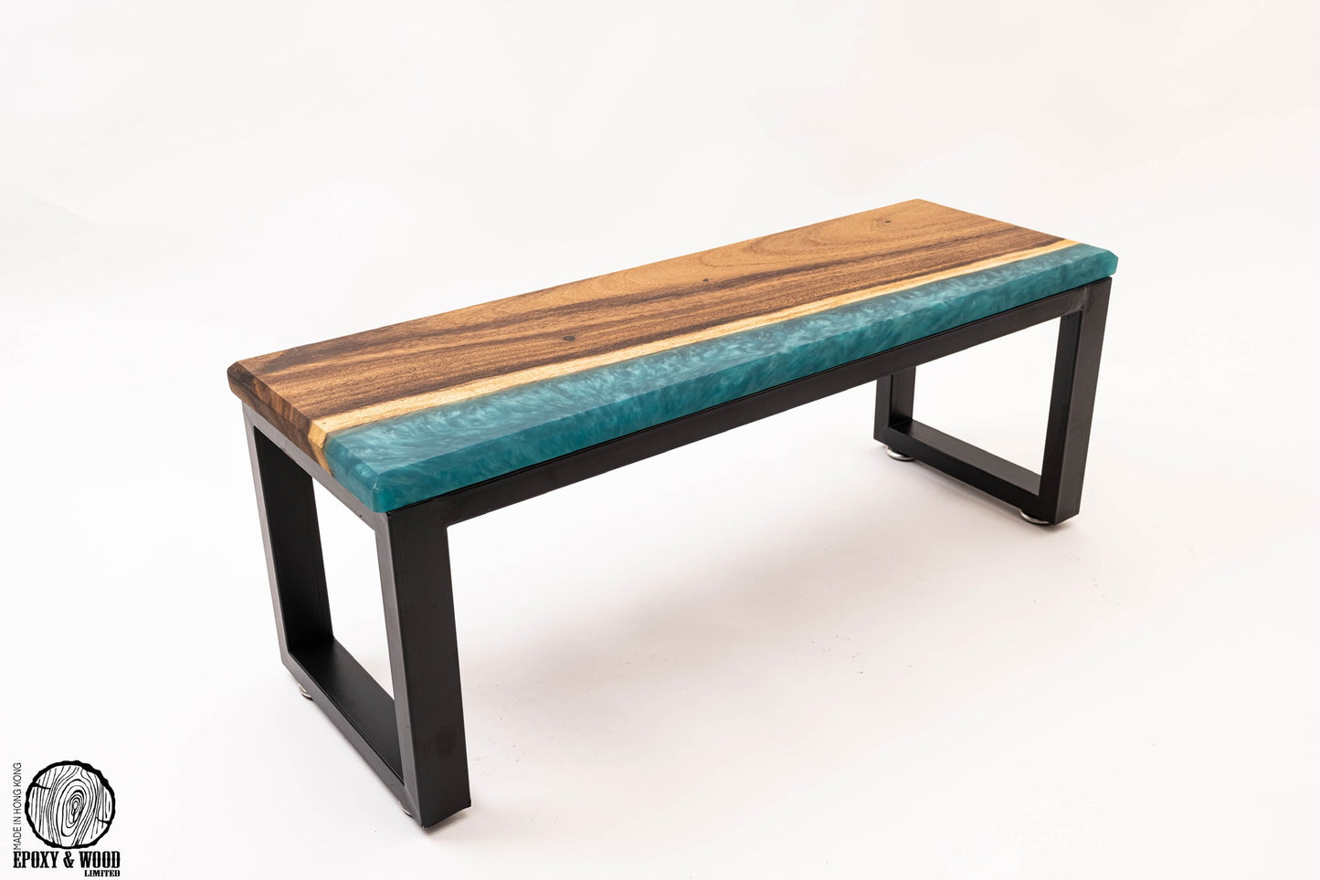 Handmade Walnut Wood Bench with Glittery Blue Epoxy