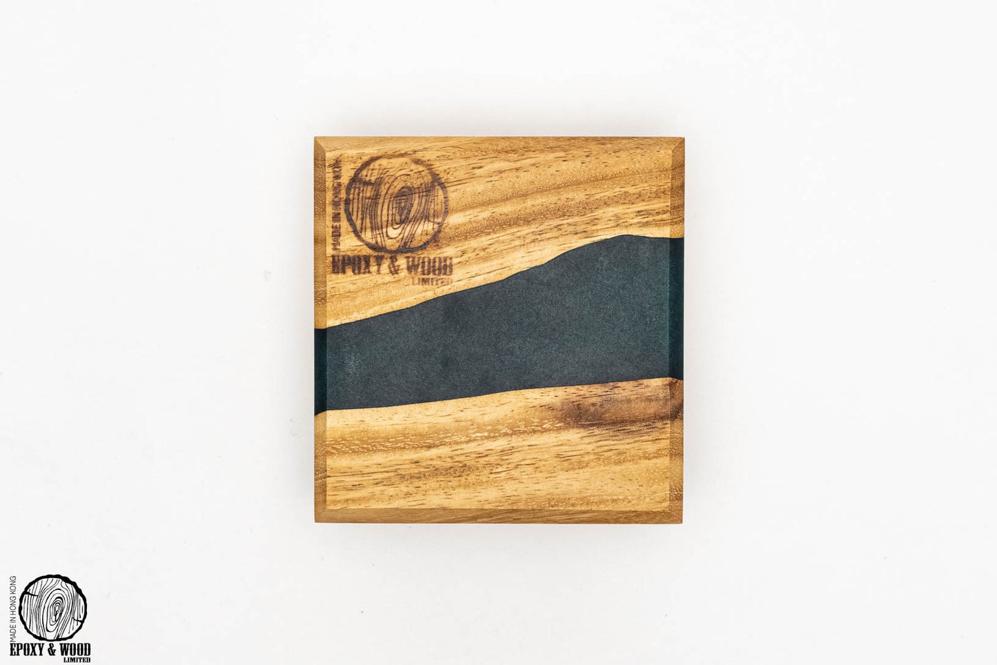 Handmade Wood Live Edge Square Coaster with Green Epoxy