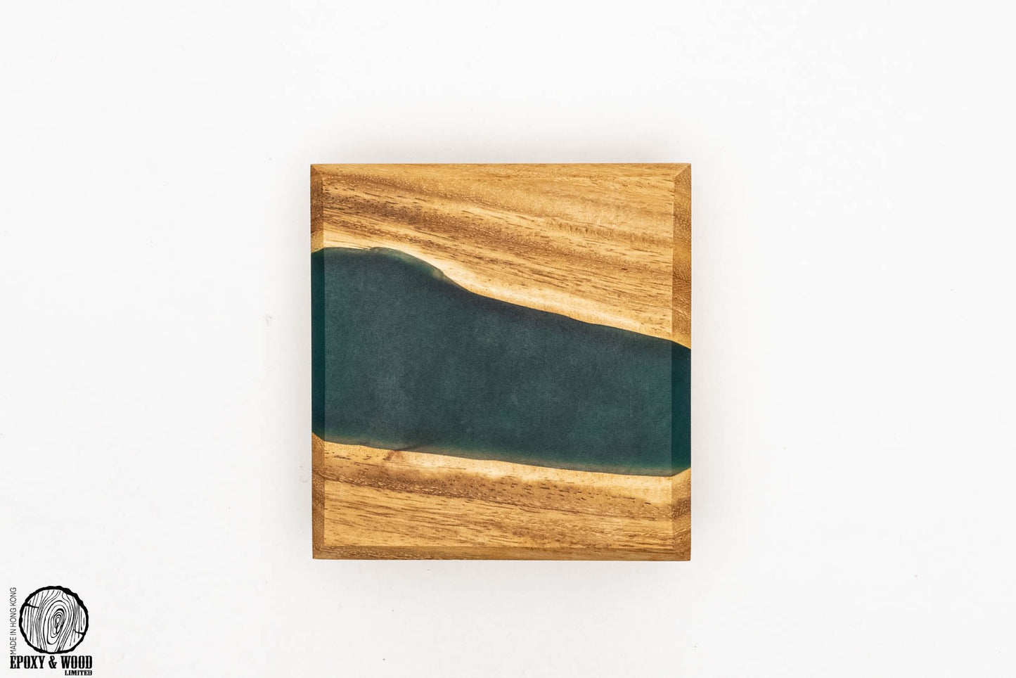 Handmade Wood Live Edge Square Coaster with Green Epoxy