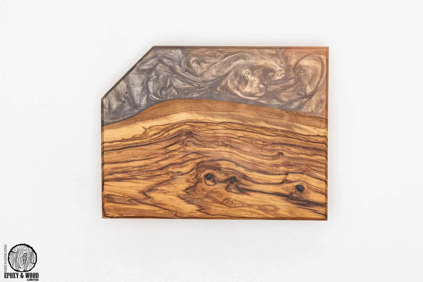 Handmade Olive Wood Live Edge Cutting Board with Metallic Epoxy and Cut Corner