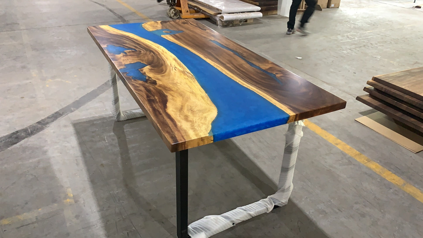 Walnut Wood Epoxy Resin Table with Murky Bright Blue Epoxy