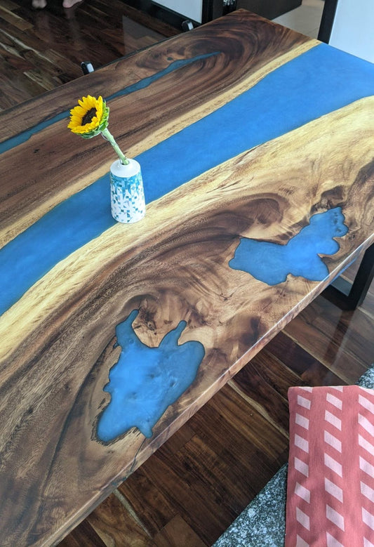 Walnut Wood Epoxy Resin Table with Murky Bright Blue Epoxy